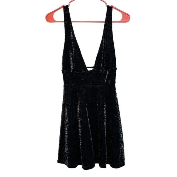 Urban Outfitters Plunging Neck Semi Sheer Mini Dress Metallic Black & Silver XS - Picture 1 of 4